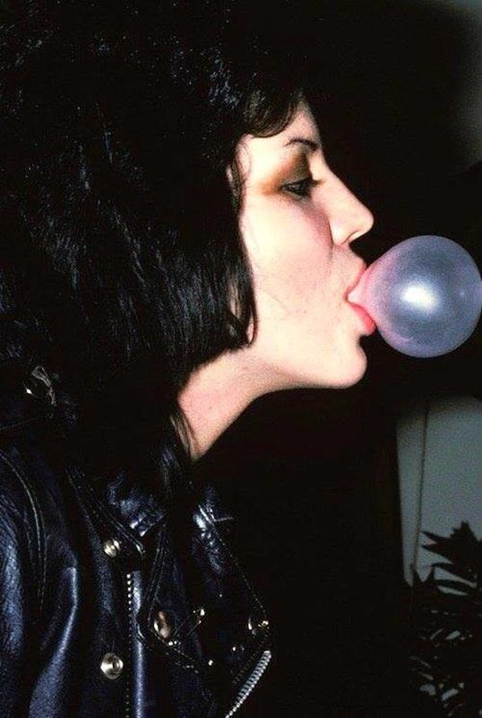 Bubble-blowing abilities showcased by Joan Jett during a recording session at Sir Studios in Hollywood (1977)