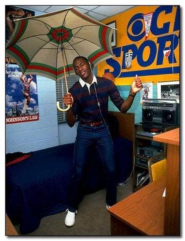 Michael Jordan photographed in his 1983 college Granville Towers dorm room