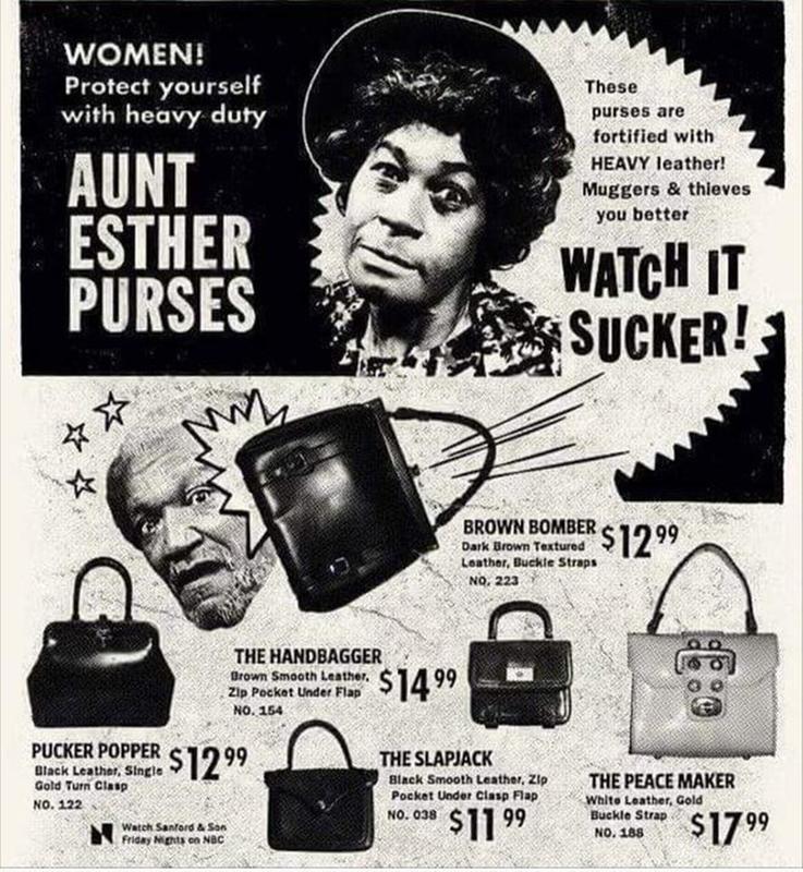 Vintage 'Aunt Esther' handbag ad from the 70s