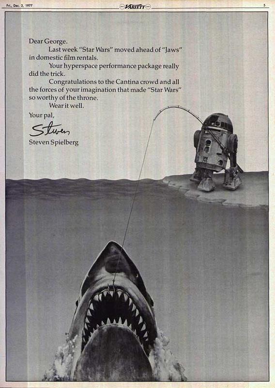 Steven Spielberg takes out ad in 'Variety' to congratulate George Lucas on 'Star Wars' surpassing 'Jaws' at the box office in 1977