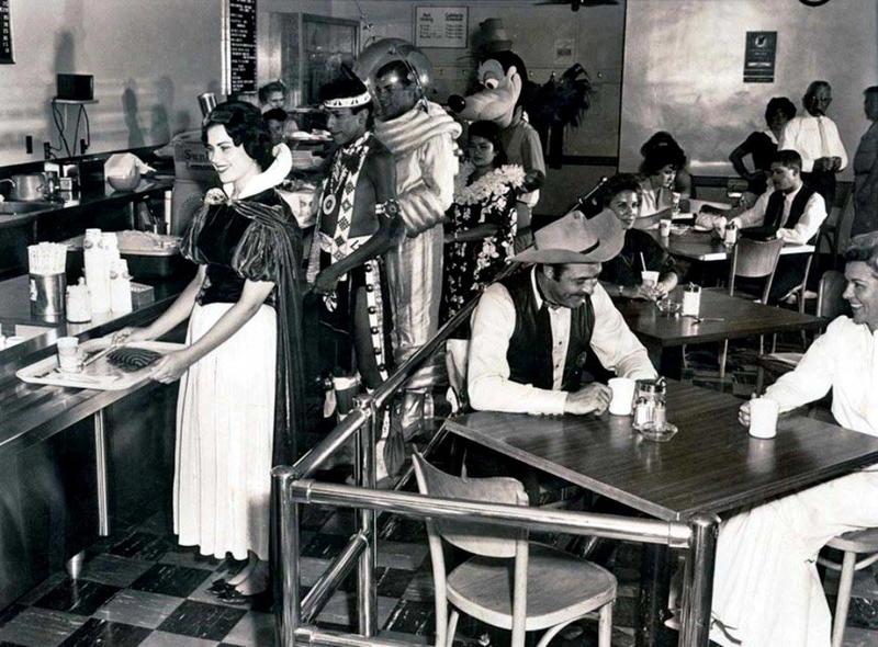 Disneyland staff grabbing lunch at the cafeteria in 1961.