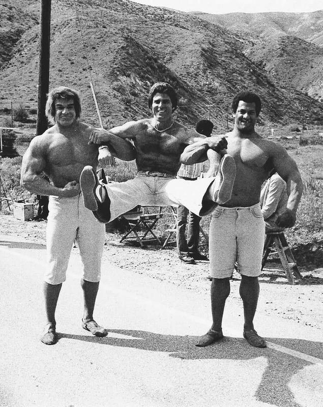 On the set of 'The Incredible Hulk', Lou Ferrigno and his stunt double Manny Perry, along with stunt coordinator Frank Orsatti, who also doubled for Bill Bixby.