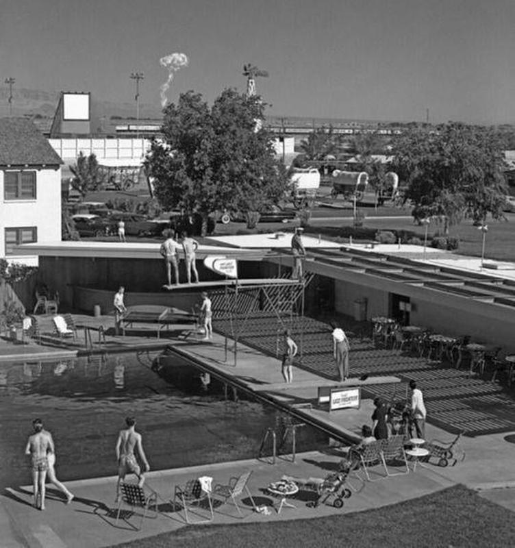 In 1953, guests at a Las Vegas hotel witness a mushroom cloud from an atomic test located 75 miles away.