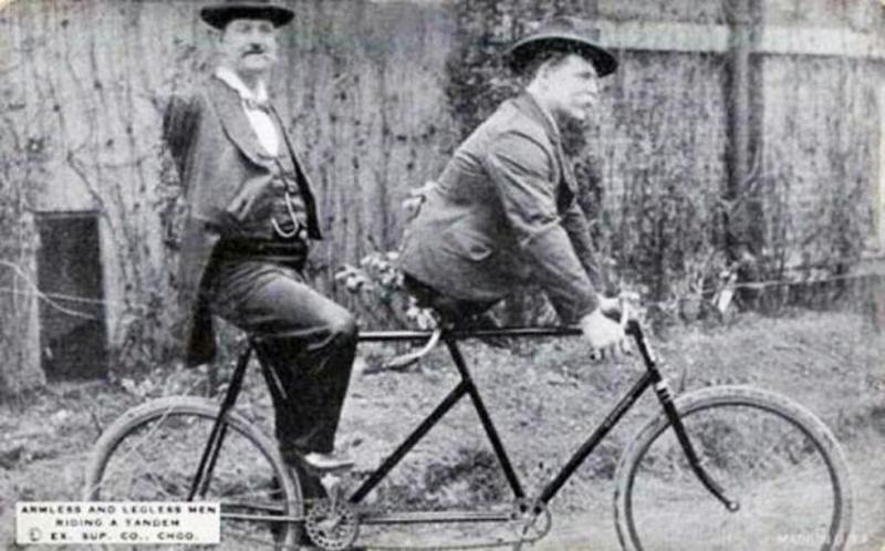 Charles B. Tripp and Eli Bowen, the Armless Wonder and the Legless Wonder, Team Up on Tandem Bicycle