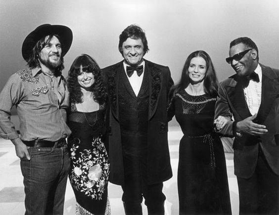 Johnny Cash poses with Waylon Jennings, Jessi Colter, June Carter, and Ray Charles for TV special promo (1978).