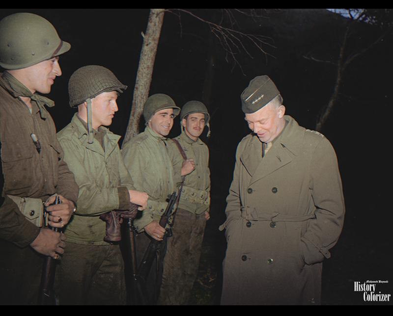 General Dwight Eisenhower enjoying a lighthearted moment with four soldiers of the US Army in Tunisia, on March 18, 1943.