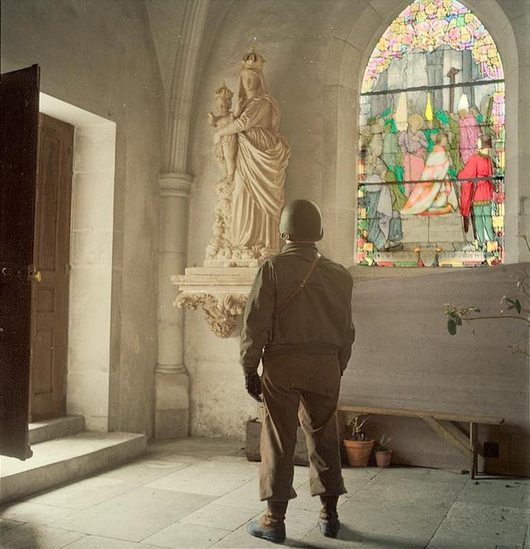 American Soldier Finds Refuge in European Church, 1945
