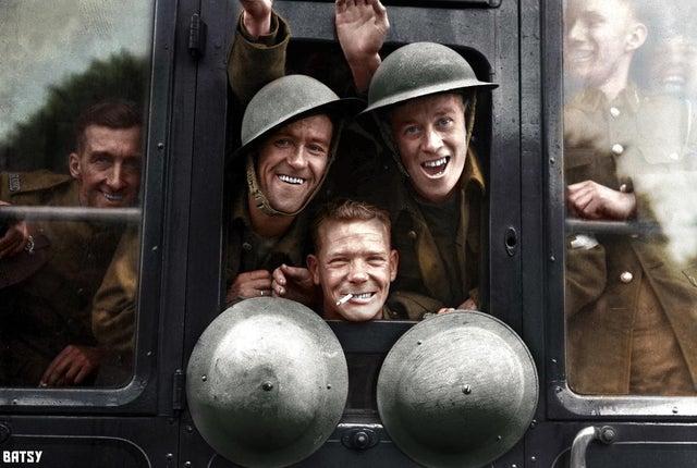 English soldiers bid farewell on the train as they are dispatched to the front in September, 1939