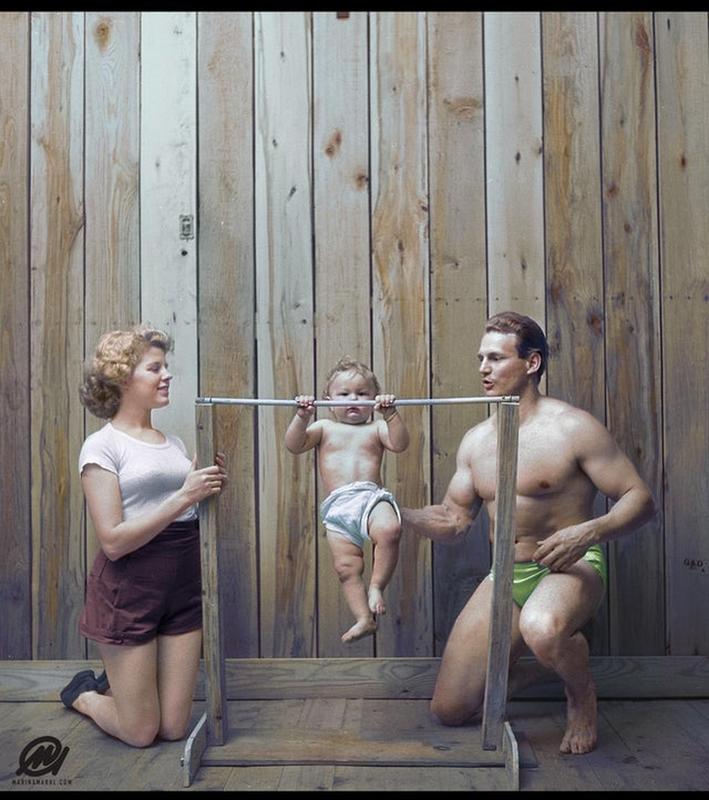 Gene Jantzen, Bodybuilder, Strikes a Pose with Wife Pat and Their 11-Month-Old Son Kent in 1947