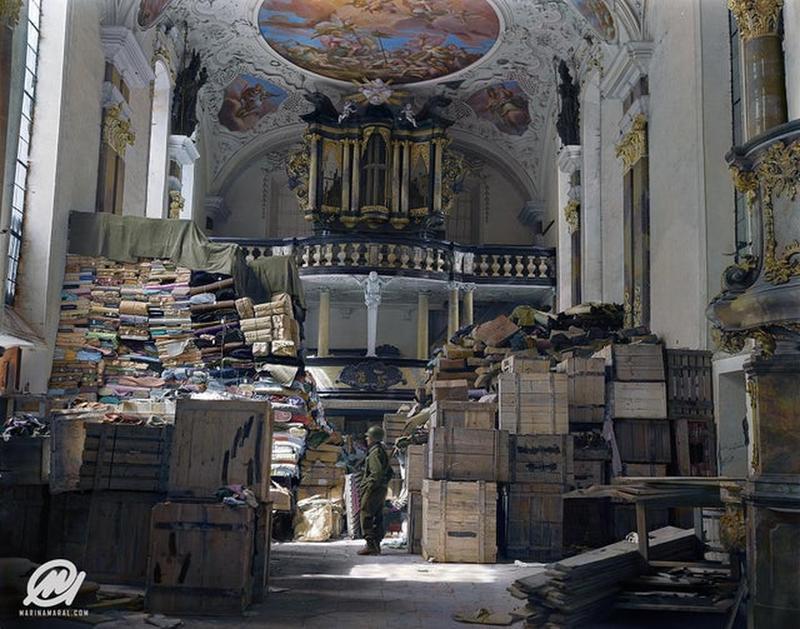 US Soldier Surrounded by Nazi Germany's Hoarded Loot in Schlosskirche, Bavaria, 1945
