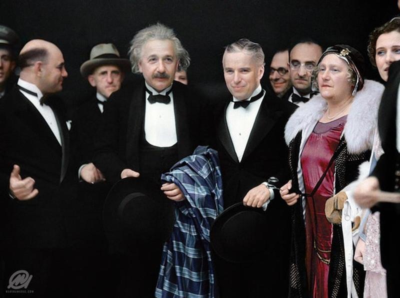 Albert Einstein accompanies Charlie Chaplin to the Los Angeles premiere of 'City Lights' on February 2, 1931.