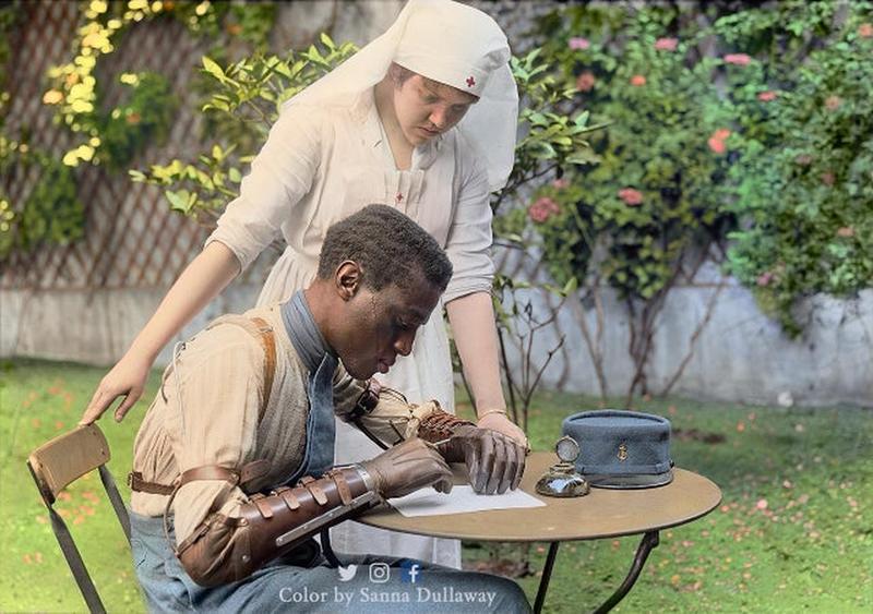 Senegalese WW1 Soldier Overcomes Loss of Arms, Writes Letter with Innovative Prosthetic Limbs at Paris' Vocational Rehabilitation School for Amputees in 1918