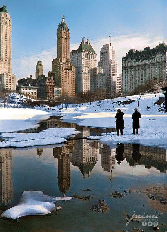 Photographs of New York City's Plaza buildings and scenic vistas captured from Central Park on February 12, 1933