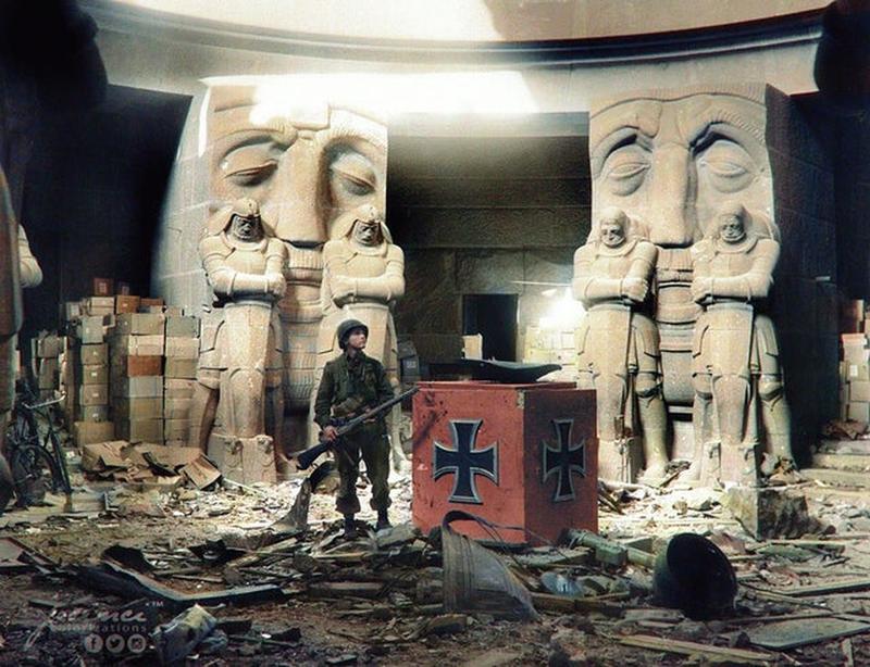 Soldier from 1st US Army found amidst rubble in Leipzig's Monument to the Battle of the Nations, April 1945.