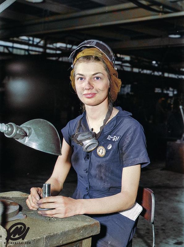 21-Year-Old Woman Eunice Hancock Grinds with Compressed-Air Grinder at Midwest Aircraft Plant During World War II, August 1942