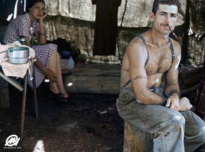 Unemployed Lumber Worker, Thomas Cave, with Social Security Number Tattooed on Arm, Joins Wife in Oregon for August 1939 Bean Harvest