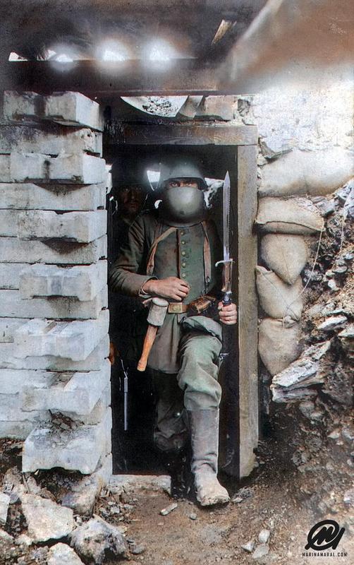 World War I: German Soldier in Dugout with Saw Tooth Bayonet, Brow Plate Slid Down