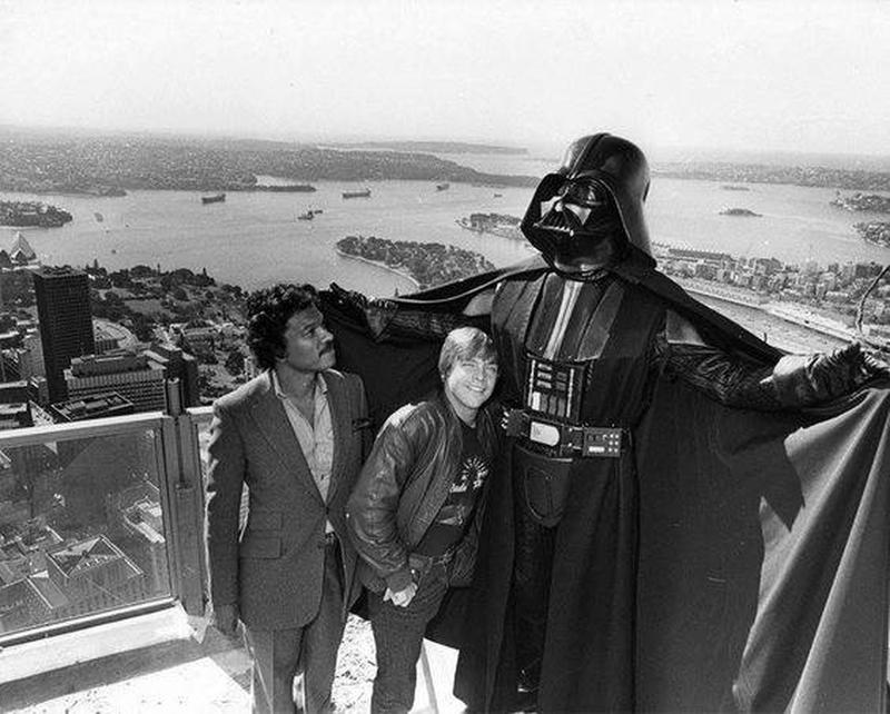 Billy Dee Williams, Mark Hamill, and Darth Vader captured in a shot together in Sydney, Australia. (1980)