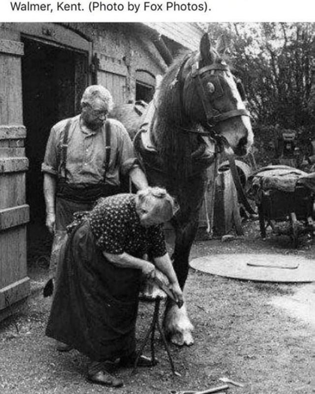 70-year-old Elizabeth Arnold, England's lone female blacksmith, forges horse shoes at ancient Kent forge (1938)