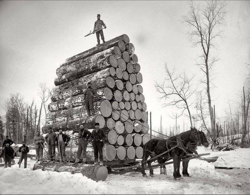 1908: Logs transported in Northern Michigan.