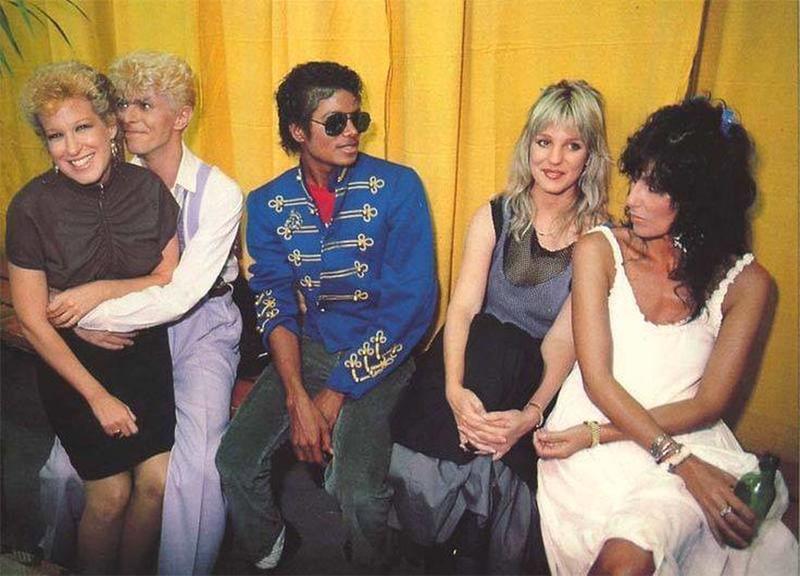 1983: David Bowie, Bette Midler, Michael Jackson, Georganne LaPiere, and Cher captured backstage during the 'Serious Moonlight' Tour at the Forum in Los Angeles