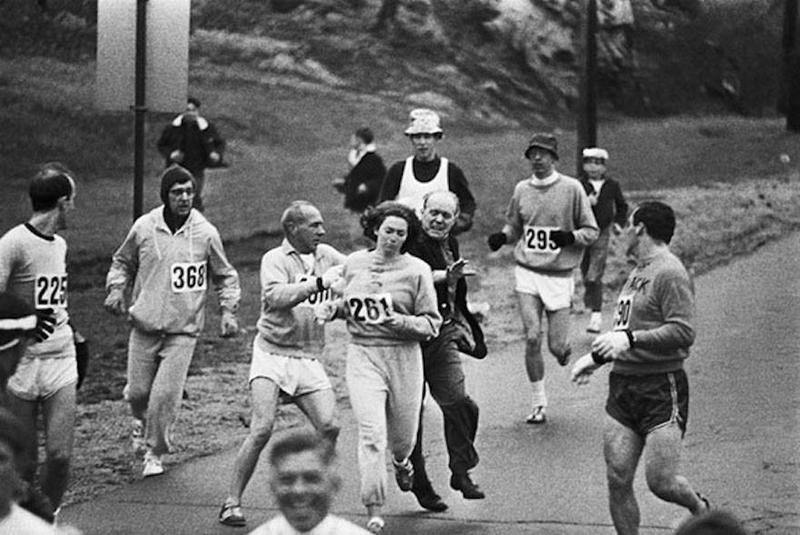 Officials attempt to prevent Katherine Switzer, the trailblazer who became the first woman to complete the Boston Marathon in 1967.
