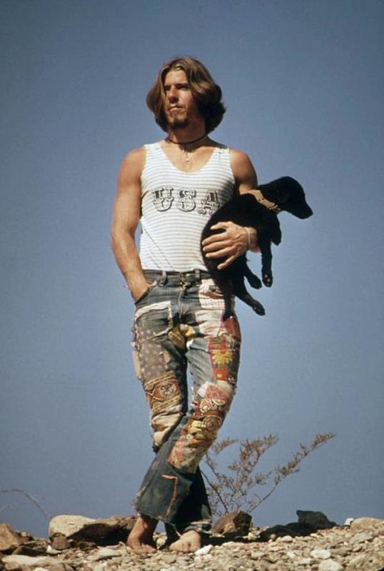 Hitchhiker and his canine companion 'Tripper' spotted at the Colorado River crossing on Route 66 in May 1972.