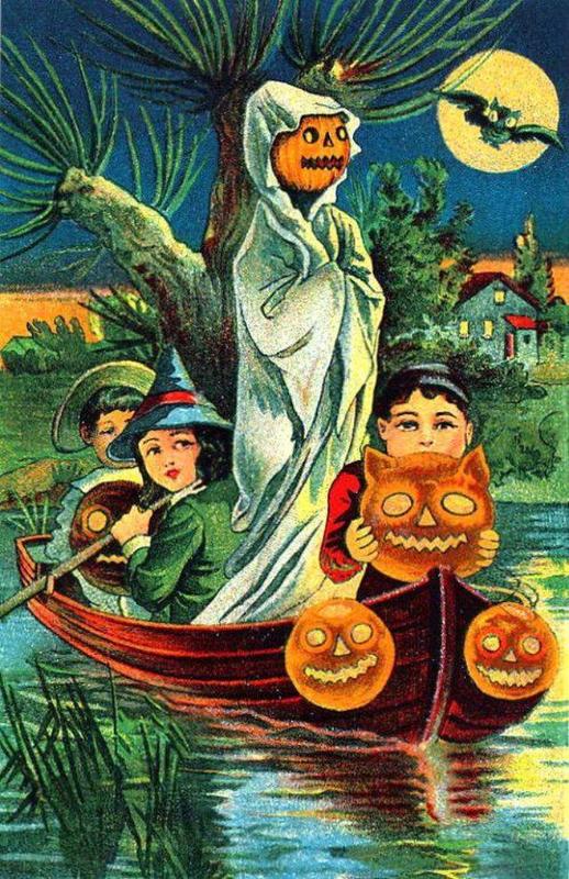 Vintage Halloween postcard evokes a spooky aura.