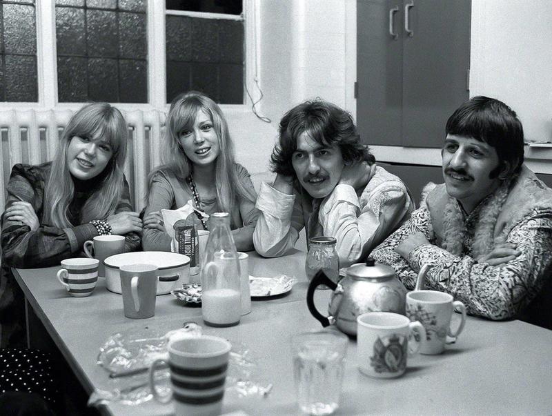 Jenny Boyd, Pattie, George, and Ringo unite in 1968, an iconic moment captured.