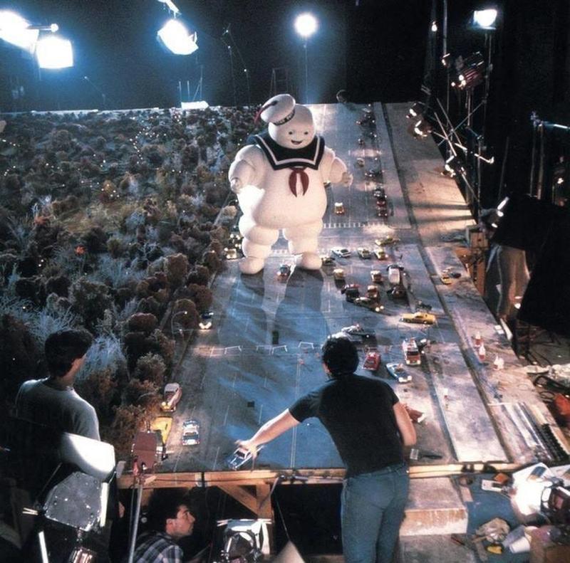 Filming the 'Stay Puft Marshmallow Man' street scene on the set of the 1984 movie 'Ghostbusters