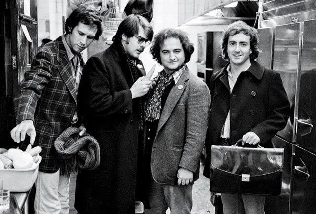 Chevy Chase, Dan Aykroyd, John Belushi, and Lorne Michaels spotted in NYC in 1976, during their time on SNL.