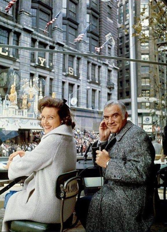 Lorne Greene commentates during the 1965 Macy's Thanksgiving Day Parade, joined by Betty White.