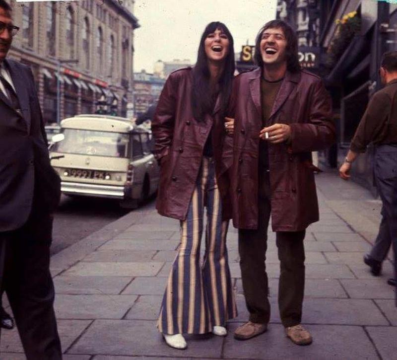 Sonny and Cher don matching leather coats in 1965.