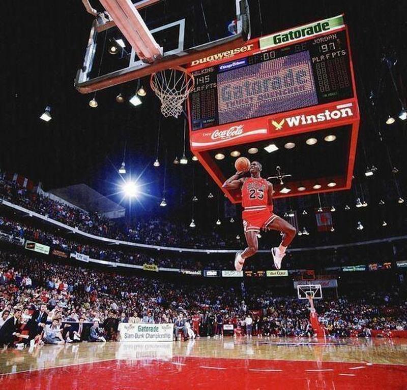 Michael Jordan soaring through the air during the 1988 Slam Dunk Contest.