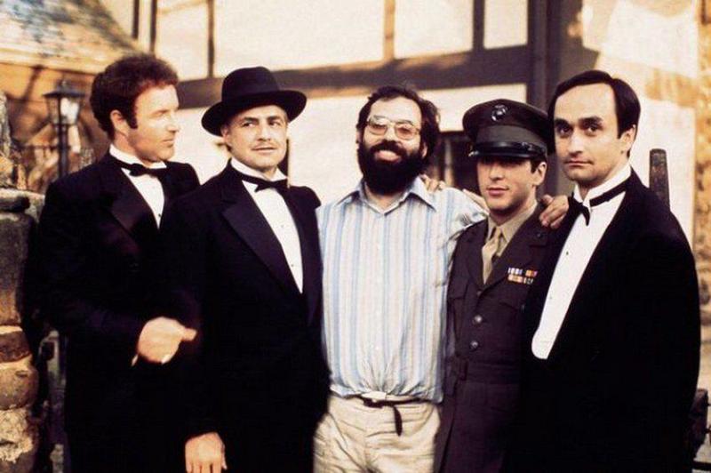 The Godfather set in 1972: James Caan, Marlon Brando, Francis F. Coppola, Al Pacino, and John Cazale.