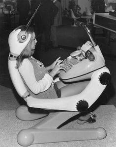 1970s chair with futuristic typing features and built-in headphones