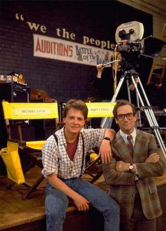 Michael J. Fox and Huey Lewis reunite on the Back To the Future set in 1985