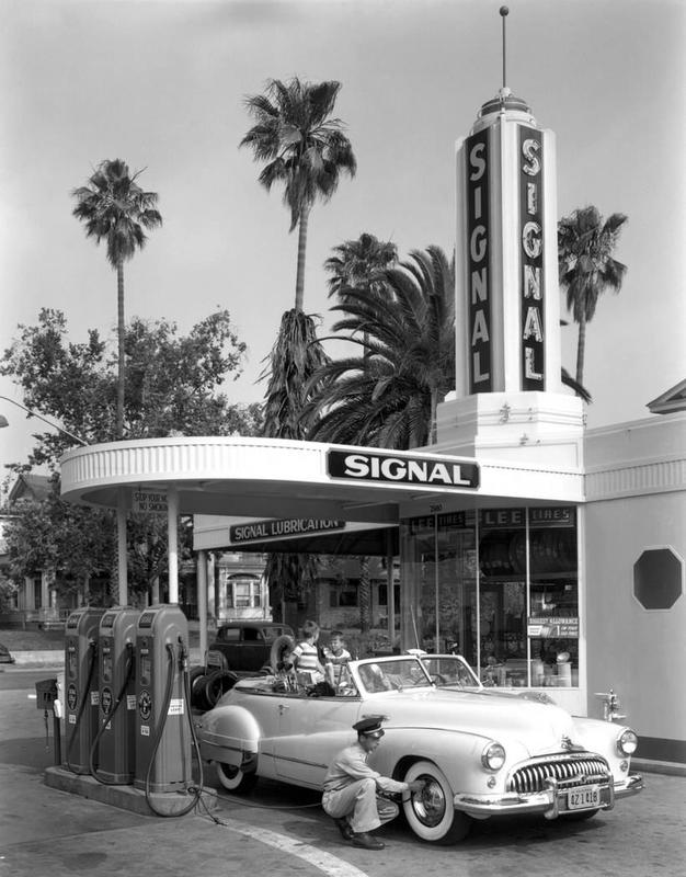 Signal gas station captured in the 1950s.