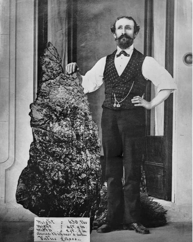 In 1845, Bernhardt Otto Holtermann proudly displays a 630-pound gold nugget in Hill End, New South Wales