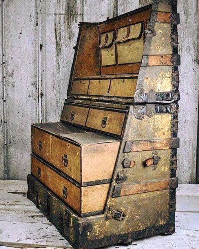 Steamer trunk from the late 1800's ingeniously transforms into a standing dresser, eliminating the need for unpacking while traveling