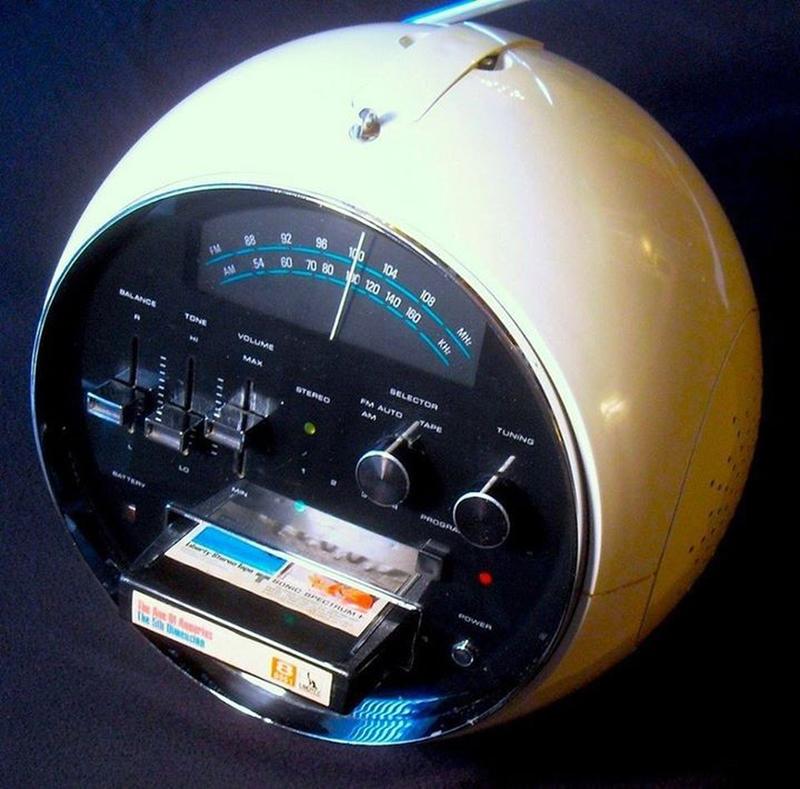 1970s 8-track cassette radio with a groovy vibe