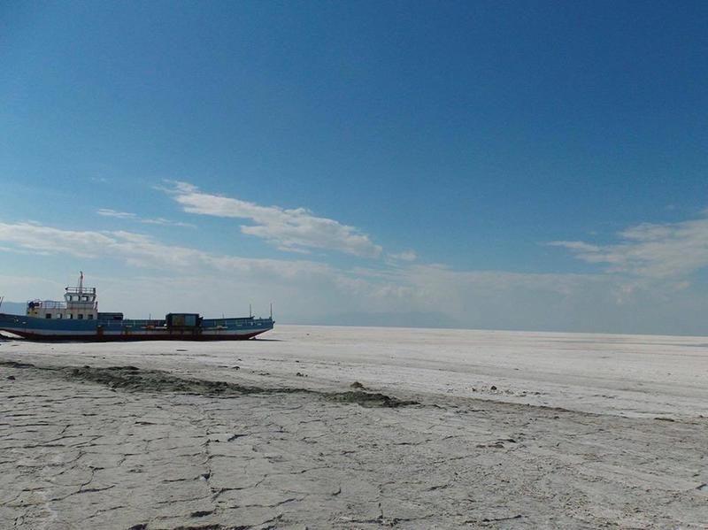 Abandoned ferry found in drying waters of Lake Urmia, the largest salt lake in the Middle East, in Iran.