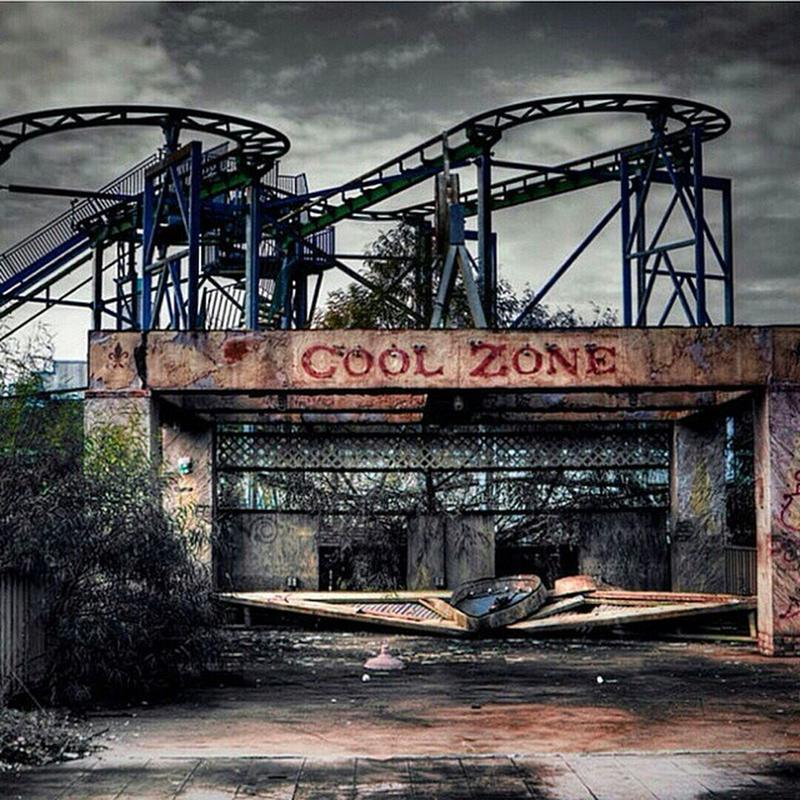 Abandoned since Hurricane Katrina, Six Flags Jazzland in New Orleans, Louisiana, remains in ruins.